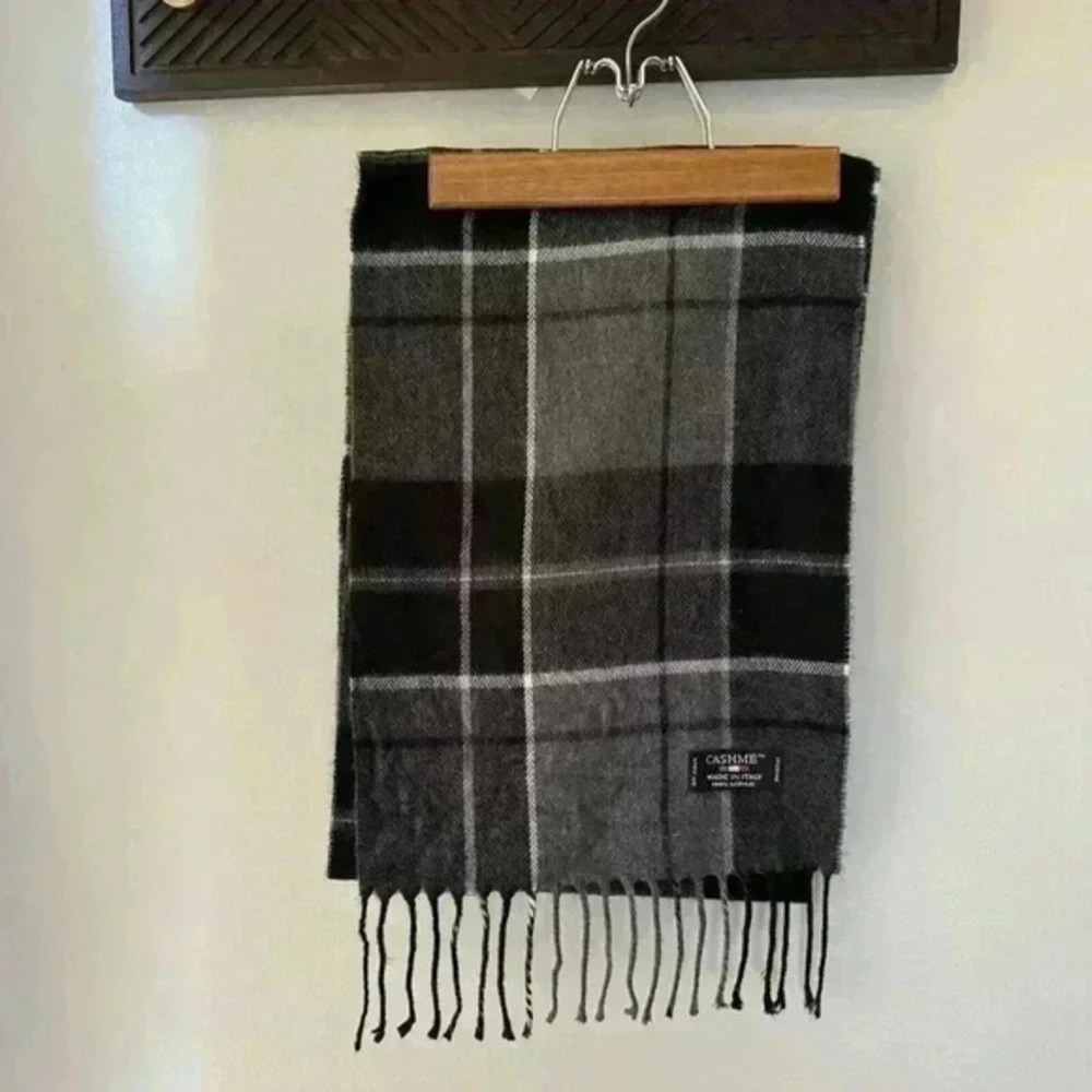 Cashme Made In Italy Black & Grey Plaid Buttery Soft Scarf 11x60